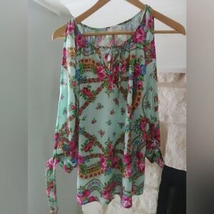 Umgee Floral Cold Shoulder Blouse - Pink and Green